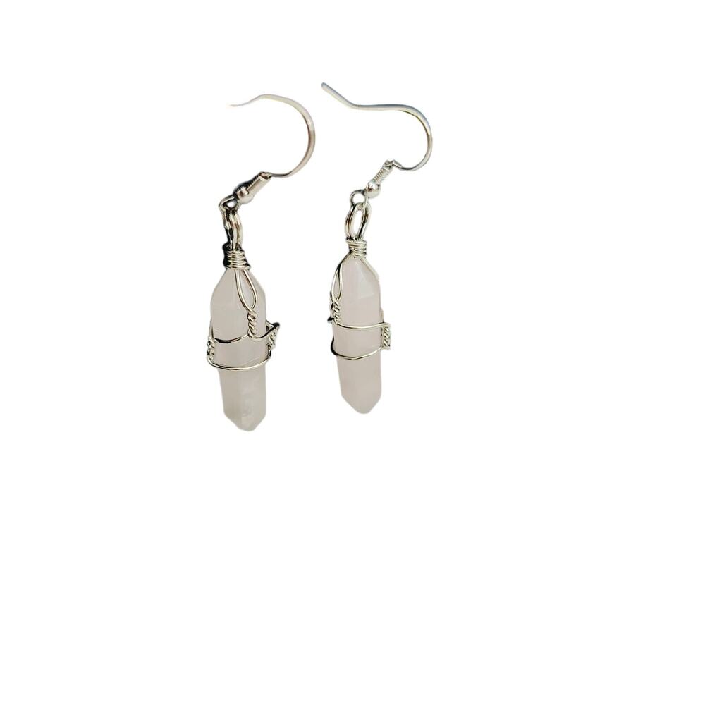 Pale Pink Crystal Stone Wire Wrapped Dangle Drop Pierced Earrings Hexagonal NEW
